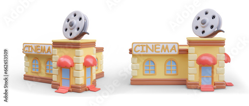 Realistic 3d object of building with signboard in different positions. Model of cinema with large reel of film. Vector illustration yellow and red colors in cartoon style