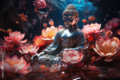 Buddha statue in floral environment in lotus pose
