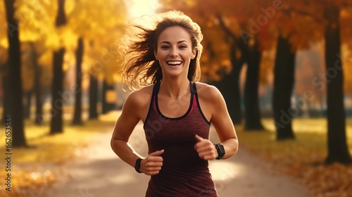 A woman running down a path in a park