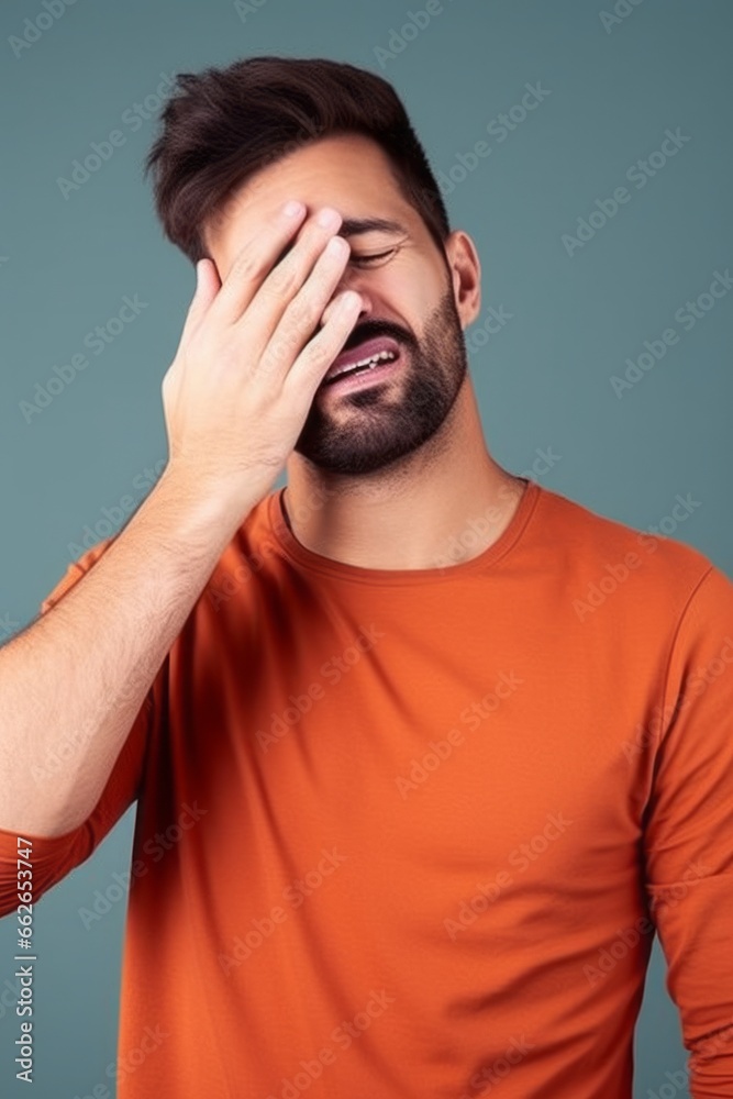Tired young man keeps hand on forehead, handsome guy wearing orange casual shirt, posing with closed eyes over blue studio background, suffers from headache. Stress or problem concept. Tired young man keeps hand on forehead, handsome guy wearing orange casual shirt, posing with closed eyes over blue studio background, suffers from headache. Stress or problem concept.