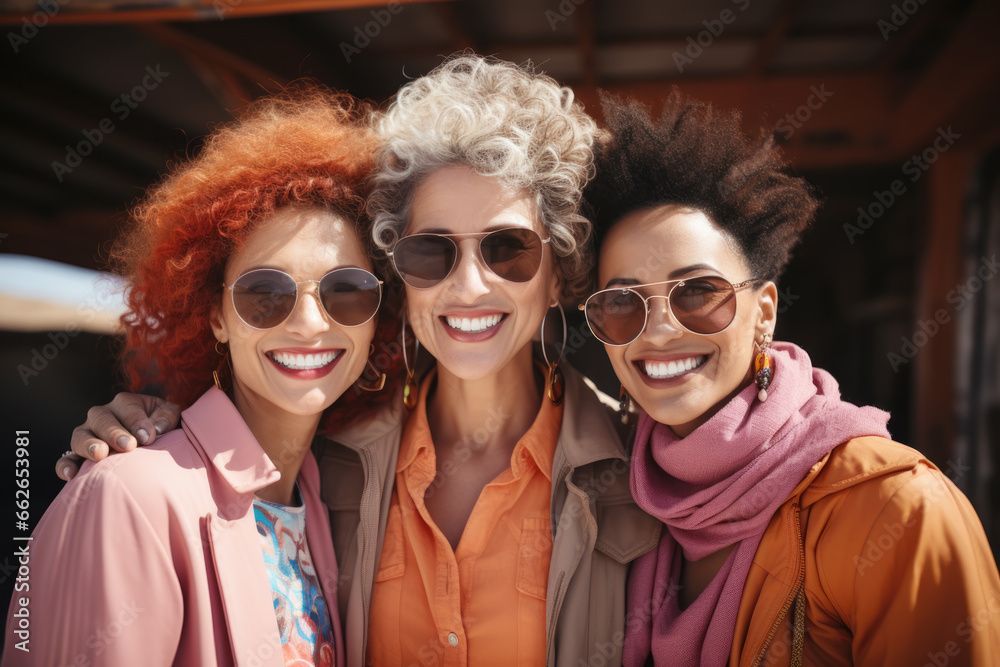 Happy multiracial trendy mature women having fun together outdoor at city street. Friendship lifestyle concept