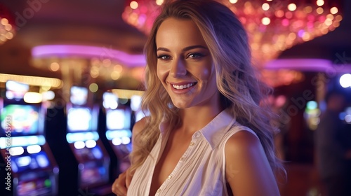 A blonde woman posing in front of slot machines