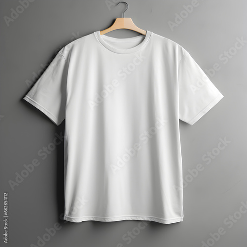 Blank white t-shirt Mock-up hanging on grey wall background, front view