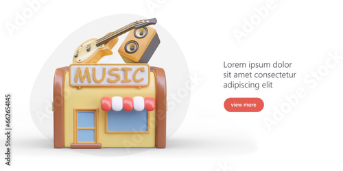 Music store with decorative guitar and speaker on roof. Creative color advertising. Sale of high quality musical instruments and sound reproduction equipment. Online ad template