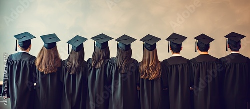 Group of optimistic university graduates celebrating graduation by throwing hats in the air With copyspace for text