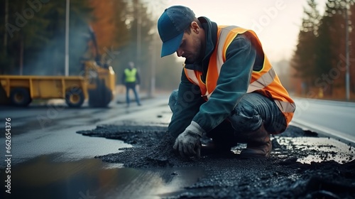 A man in a safety vest working on a road construction site photo