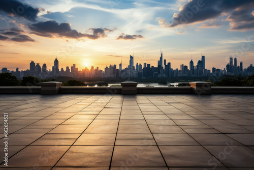 Panoramic view of empty square floor and city skyline with modern buildings