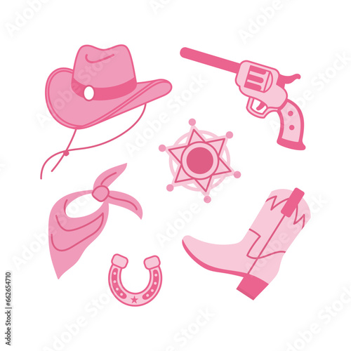 Sheriff Pink core fashion elements collection. Cowgirl boots, hat, horseshoe, handgun, sheriff badge and horse saddle. Cowboy western and wild west theme set. Hand drawn vector illustration.