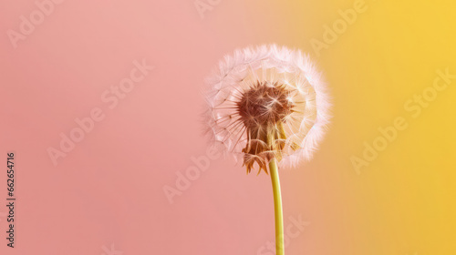 Close-up of a dandelion clock against a yellow orange gradient background with ample negative space for copy.