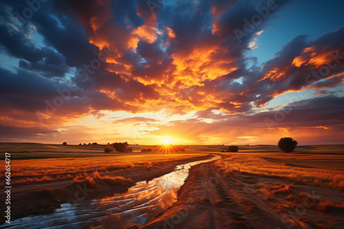Dirt road in the field at sunset. Landscape with dramatic sky