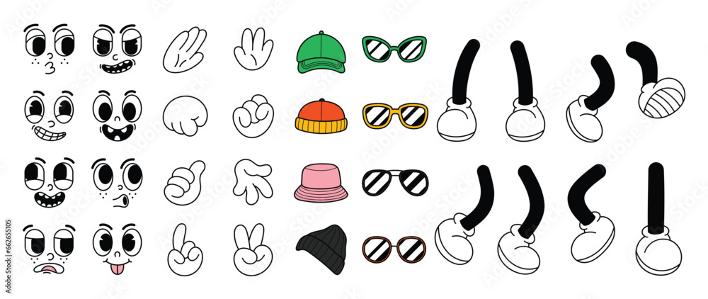 Set of 70s groovy comic vector. Collection of cartoon character faces in different emotions, hand, glove, glasses, hat, shoes. Cute retro groovy hippie illustration for decorative, sticker. Set of 70s groovy comic vector. Collection of cartoon character faces in different emotions, hand, glove, glasses, hat, shoes. Cute retro groovy hippie illustration for decorative, sticker.
