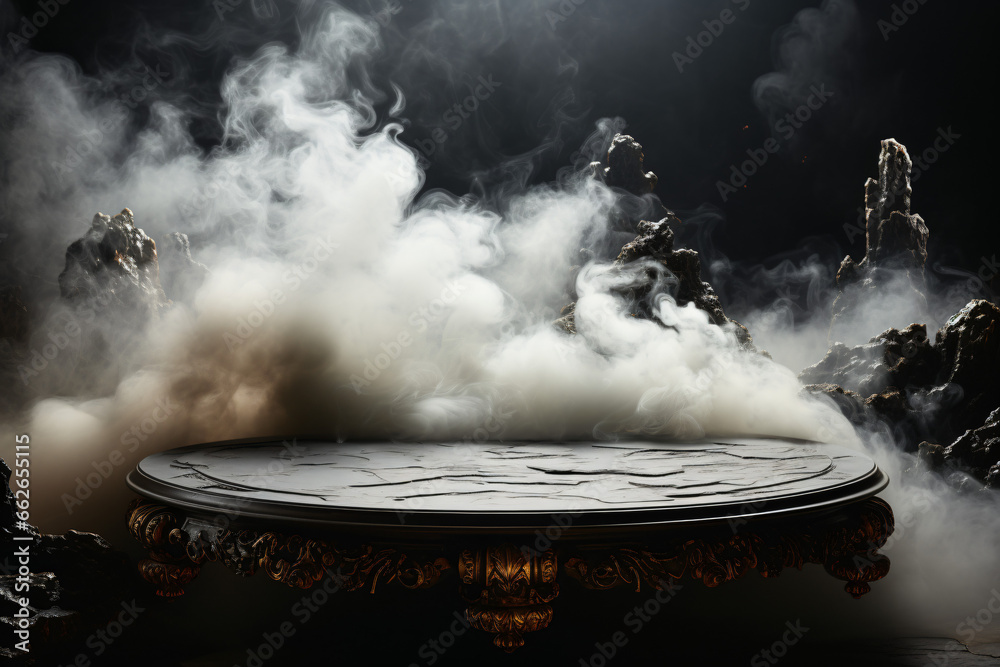 Empty marble table with smoke on black background