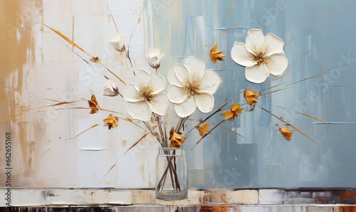 Oil and acrylic painting, abstract painting white flowers with textures. #662655168