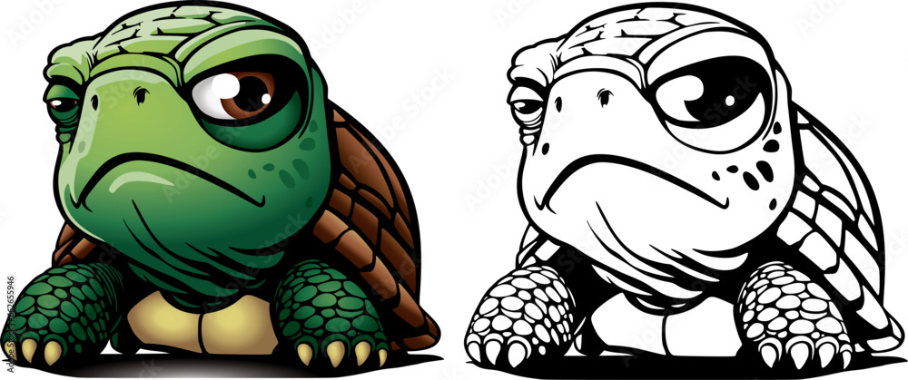 Obraz premium serious little cartoon green turtle, vector drawing