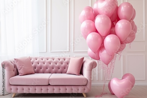 Romantic interior of living room decorated in heart glossy balloons and flowers.