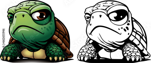 serious little cartoon green turtle, vector drawing