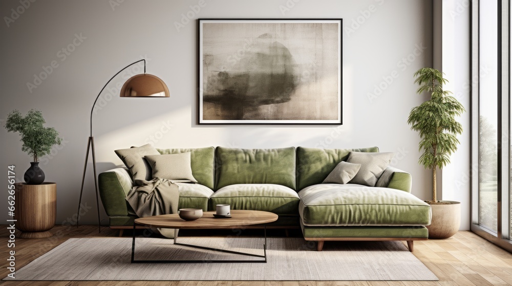 Dark green sofa and grey pouf against white wall with big art poster frame. Scandinavian home interior design of modern living room. Dark green sofa and grey pouf against white wall with big art poster frame. Scandinavian home interior design of modern living room.