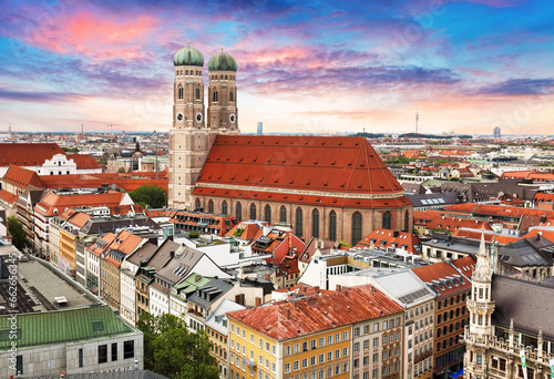 Munich city downtown skyline with Marienplatz town hall in Germany at sunrise