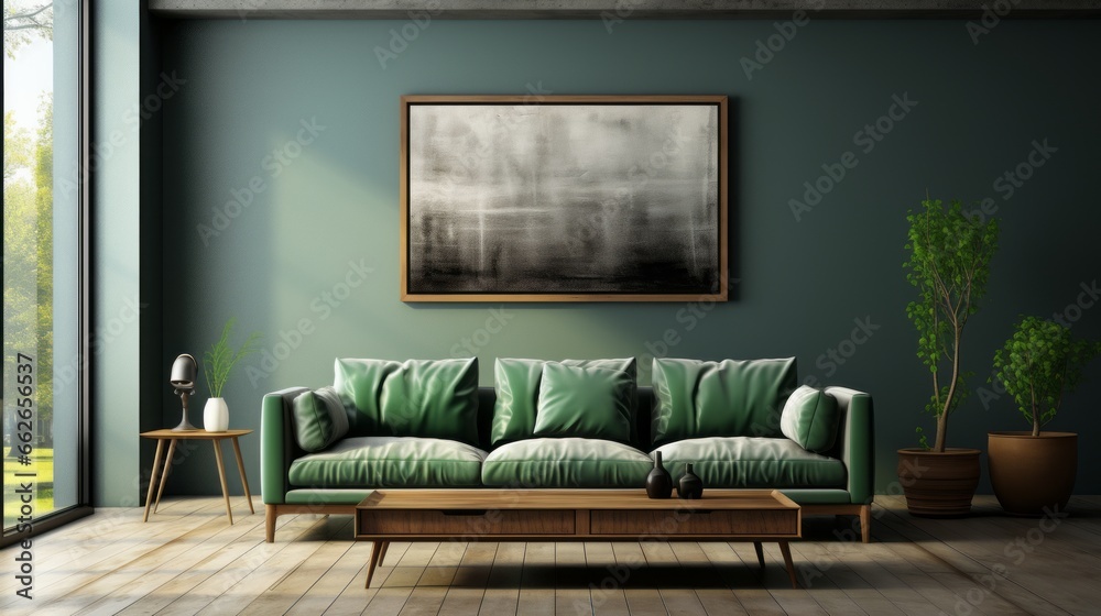 Dark green sofa and grey pouf against white wall with big art poster frame. Scandinavian home interior design of modern living room. Dark green sofa and grey pouf against white wall with big art poster frame. Scandinavian home interior design of modern living room.