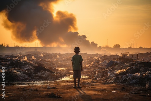 A child stands in front of a garbage dump and looks into the distance © meow