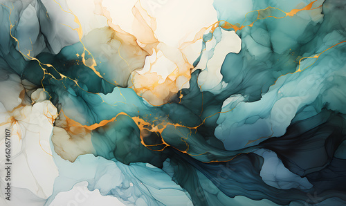 abstract watercolor painting with green, blue and gold