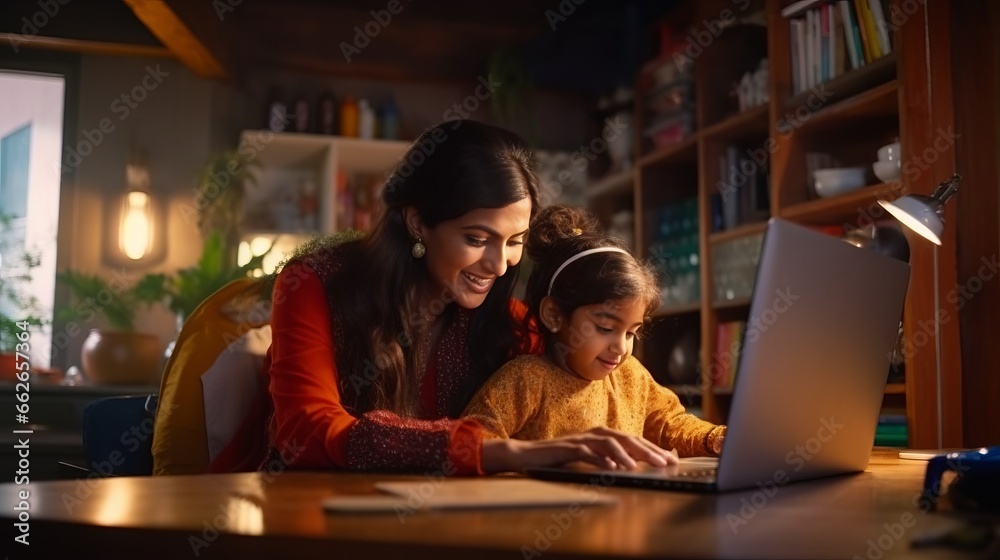 A woman and a little girl using a laptop together A woman and a little girl using a laptop together