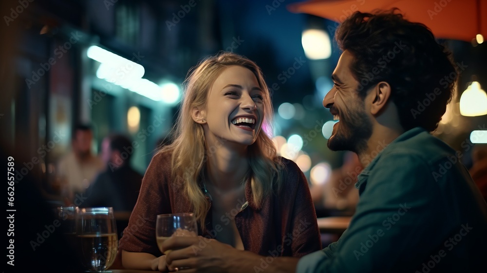 A couple enjoying a humorous moment together at a cafe table