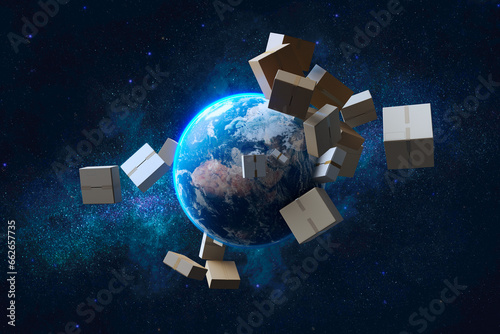 Fototapeta Naklejka Na Ścianę i Meble -  Delivery concept. Spawning cardboard boxes from the planet earth surface.