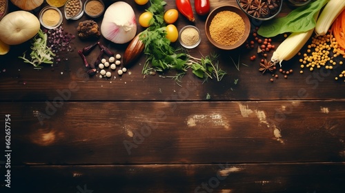 A feast of diverse foods displayed on a rustic wooden table