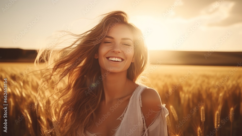 A woman standing in a wheat field with a joyful expression on her face