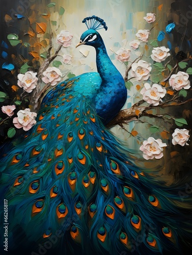 This painting, created with a palette knife, beautifully captures the joyful celebration of nature in the mesmerizing colors and intricate feathers of a peacock. © BCFC