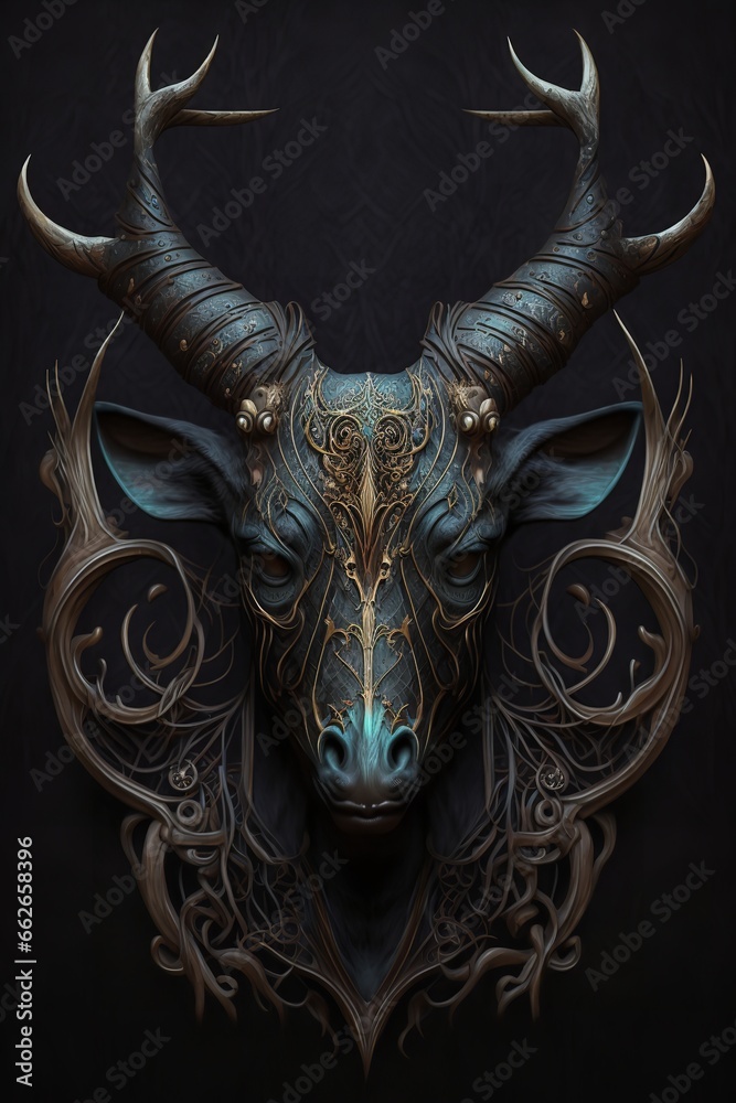 Digital art antelope head with floral pattern on face on black background Digital art antelope head with floral pattern on face on black background