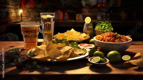 A delicious spread of food and drinks on a rustic wooden table