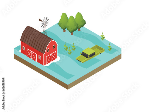 Farm with barn and crops drowning in water isometric 3d vector illustration concept for banner, website, illustration, landing page, flyer, etc