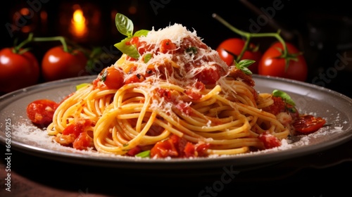 A delicious plate of spaghetti with tomato sauce and parmesan cheese