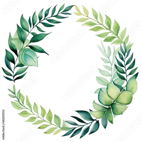 Circle frame of watercolor tropical green leaves on white background