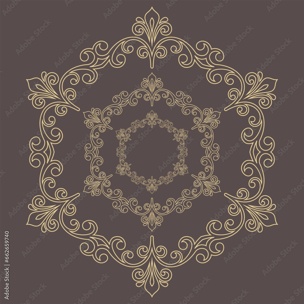 Oriental vector ornament with arabesques and floral elements. Traditional classic round brown and golden ornament. Vintage pattern with arabesques