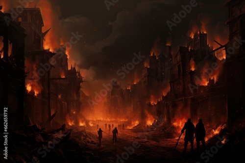 a city near flames and soldiers