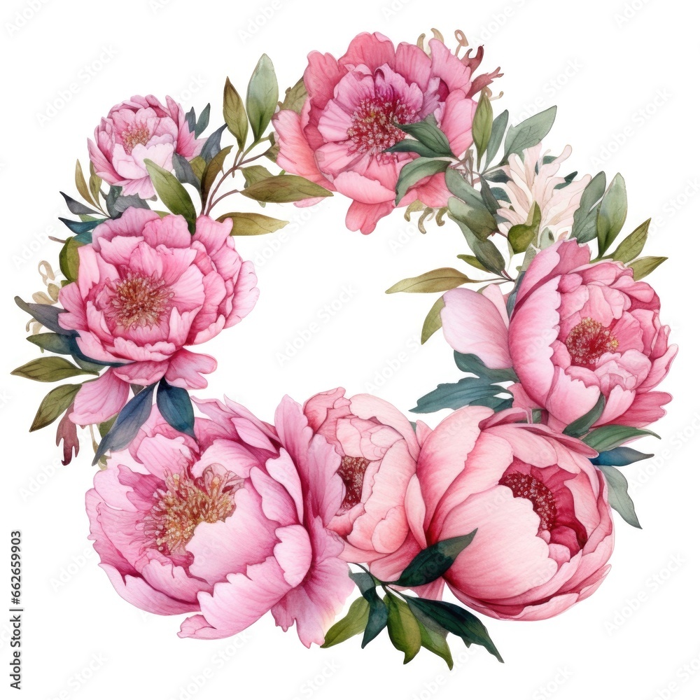 frame of watercolor peony flowers and leaves on white background. frame of watercolor peony flowers and leaves on white background.