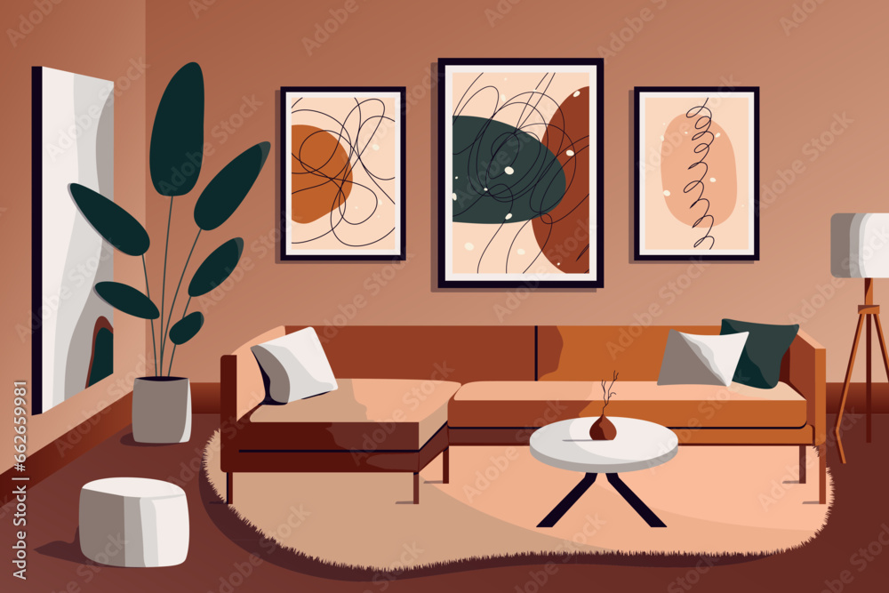 Living room interior design. Cartoon cozy space with posters, sofa, coffee table, house plants in Japandi style. Modern flat vector illustration Living room interior design. Cartoon cozy space with posters, sofa, coffee table, house plants in Japandi style. Modern flat vector illustration