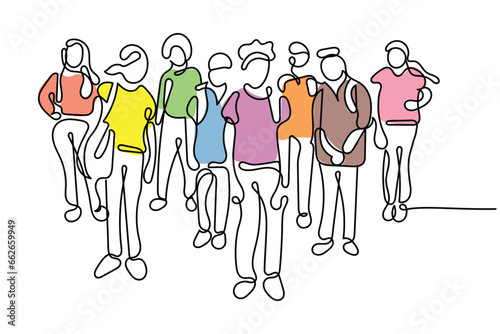 Continuous line art of a group of kids going to school or back to school. happy kid