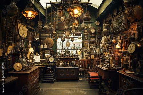 Inside a vintage shop filled with eclectic antiques photo