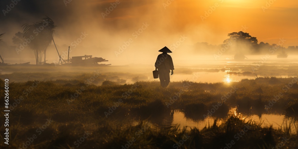 asian rice farmer, sunrise landscape - obrazy, fototapety, plakaty 