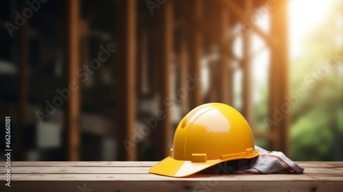 Yellow hard hat on a blurred city background with a copy space. AI generative