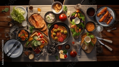 A beautifully arranged feast on a rustic wooden table