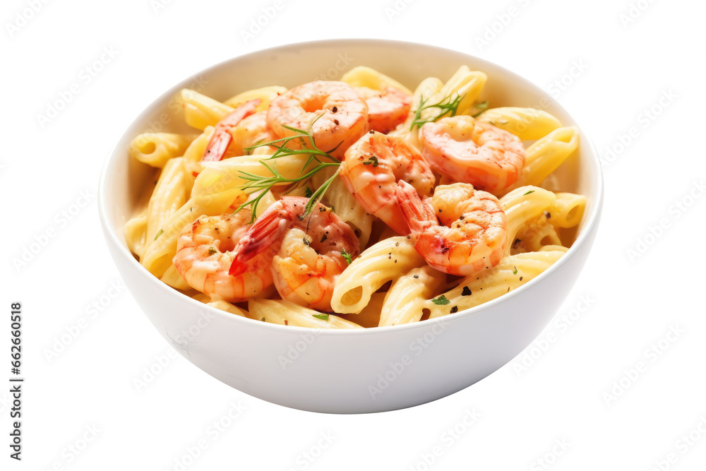 Macaroni or pasta with shrimp creamy sauce isolated on transparent background.