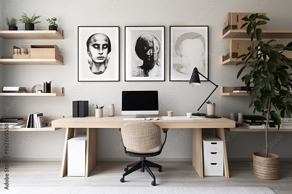 Fototapeta premium A home office that’s both functional and stylish, showcasing a black-and-white palette, ergonomic wooden furniture, organized shelving, and minimalist artwork