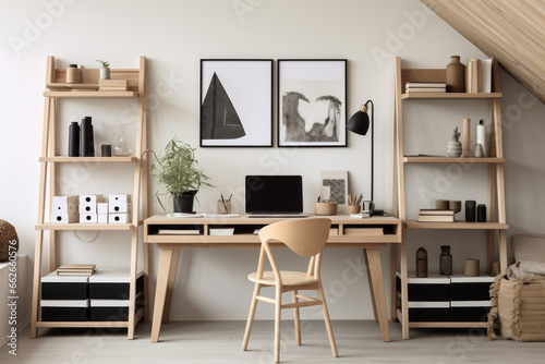 A home office that’s both functional and stylish, showcasing a black-and-white palette, ergonomic wooden furniture, organized shelving, and minimalist artwork