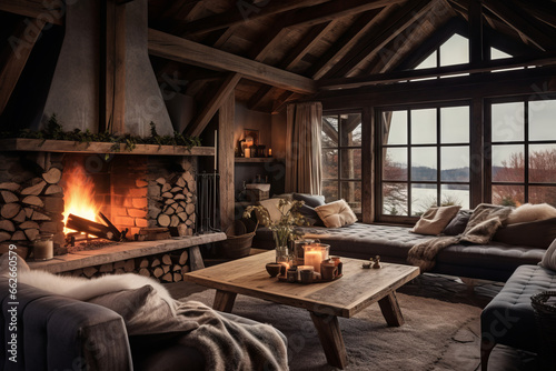 A cabin living room in the Swedish countryside, with rugged wooden beams, a roaring fireplace. Textured cushions and sheepskin throws add a touch of luxury to the rustic ambiance photo