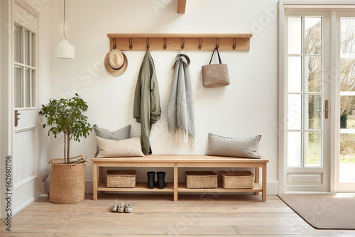 Scandinavian entrance of the home with functional hooks for coats, a wooden bench for sitting, a mirror for last-minute checks, and baskets for storing shoes